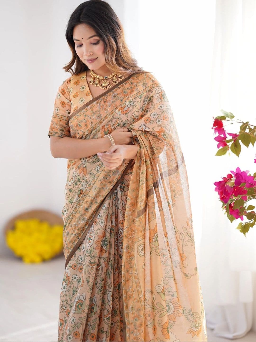 HOUSE OF PRANSHI Paisley Linen Blend Jamdani Saree - view 1