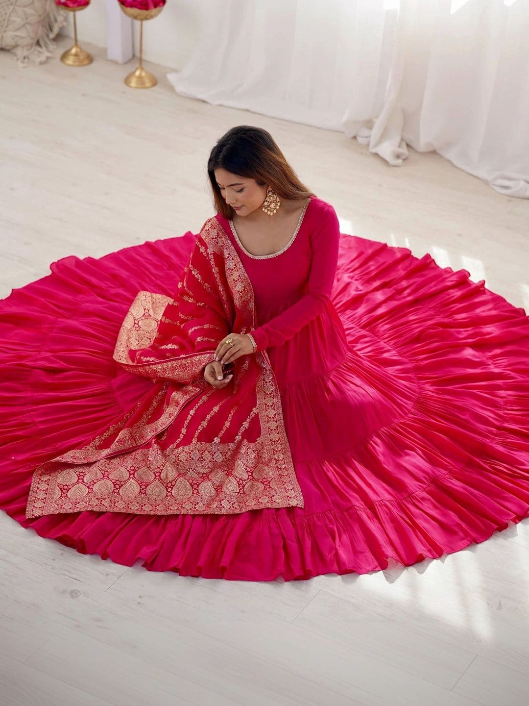 VASTRABELLA Women Tiered Chanderi Silk Kurta With Dupatta thumbnail 4