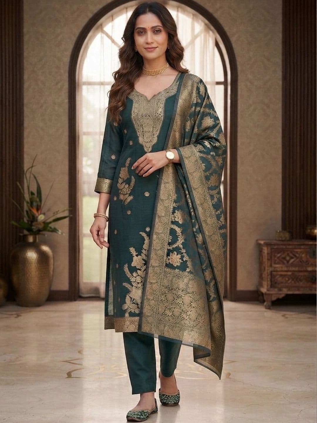 Mitera Women Ethnic Motifs Embroidered Regular Chanderi Silk Kurta with Trousers & With Dupatta - view 1