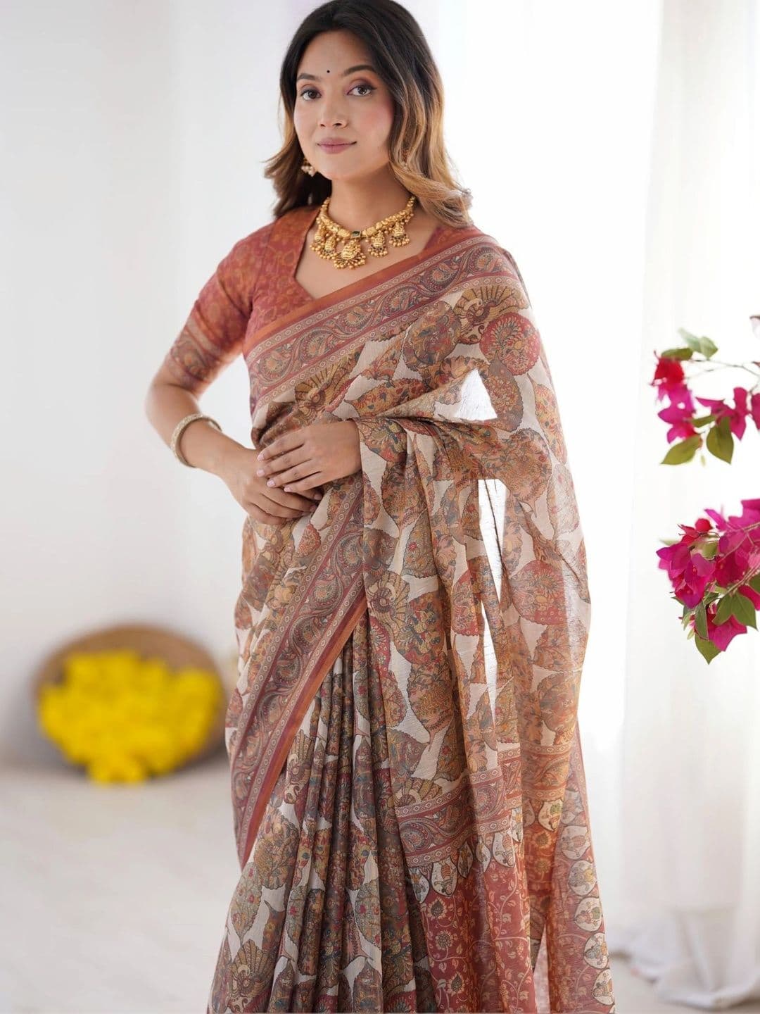 HOUSE OF PRANSHI Kalamkari Linen Blend Jamdani Saree - view 1