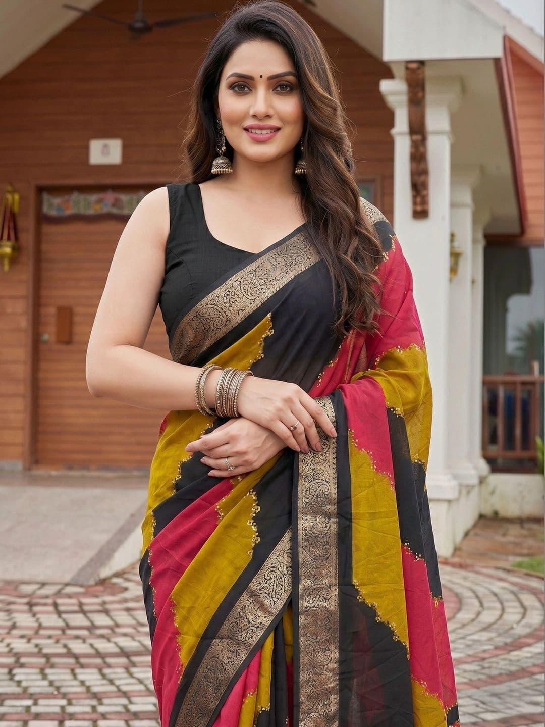 Owee Striped Zari Silk Blend Designer Saree - view 1