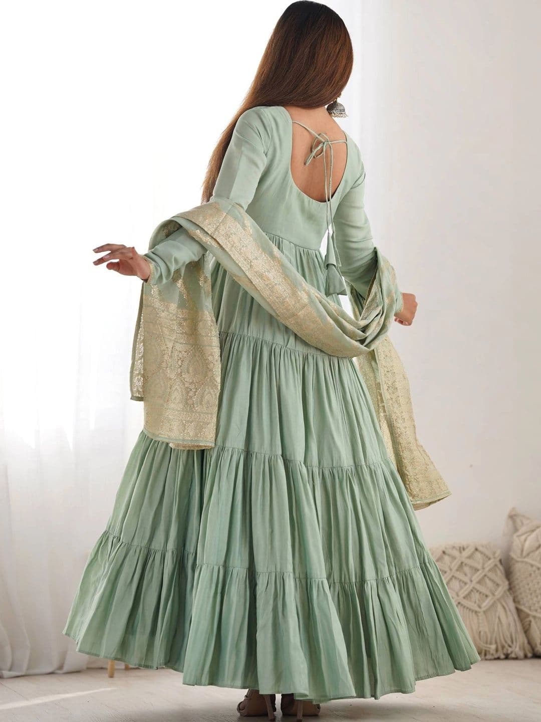 VASTRABELLA Women Tiered Chanderi Silk Kurta with Trousers & With Dupatta thumbnail 5