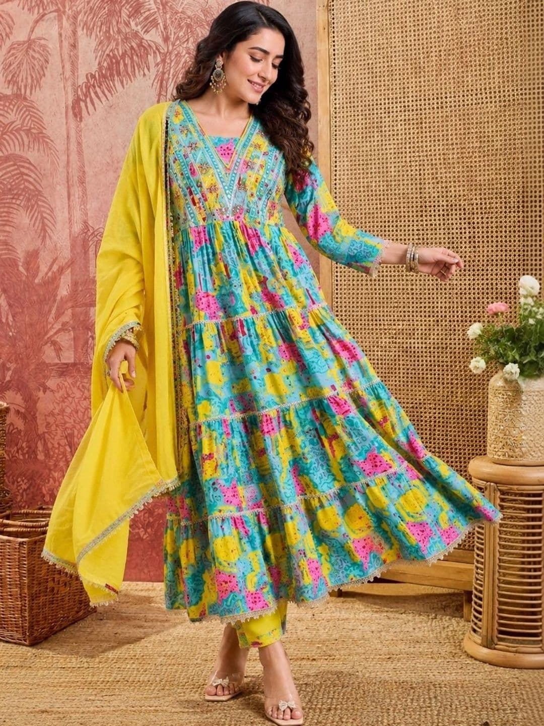 Sangria Printed Mirror Work Anarkali Kurta Set With Tasseled Dupatta - view 1