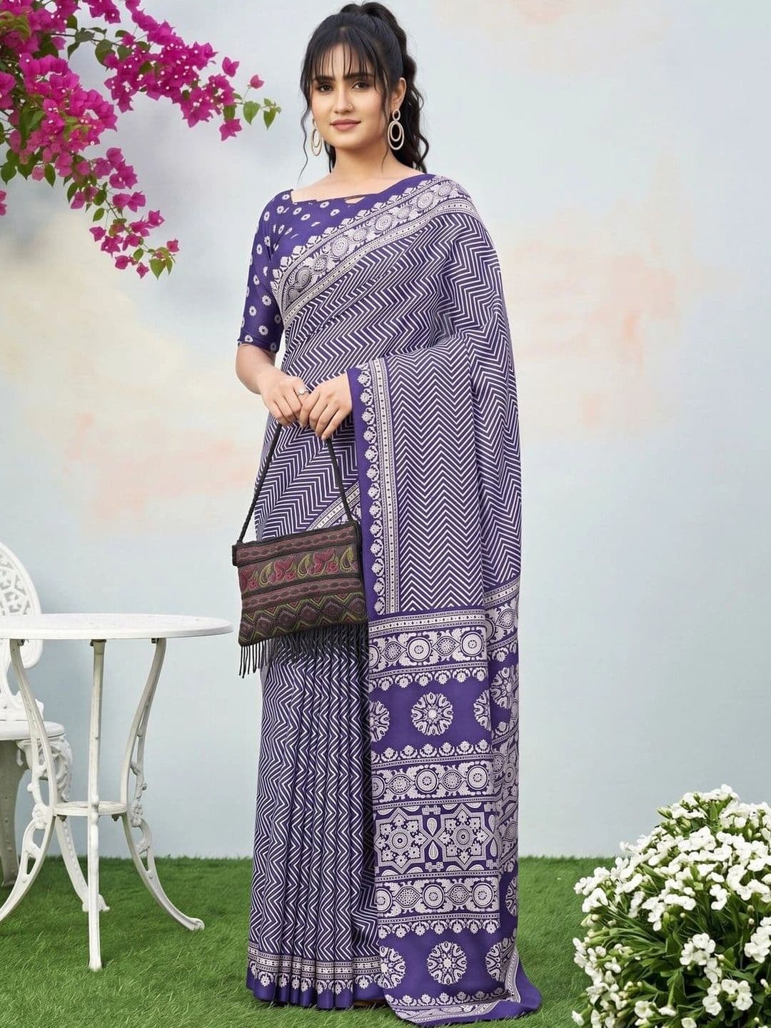 KALINI Ajrak Block Silk Blend Designer Block Print Saree - view 1