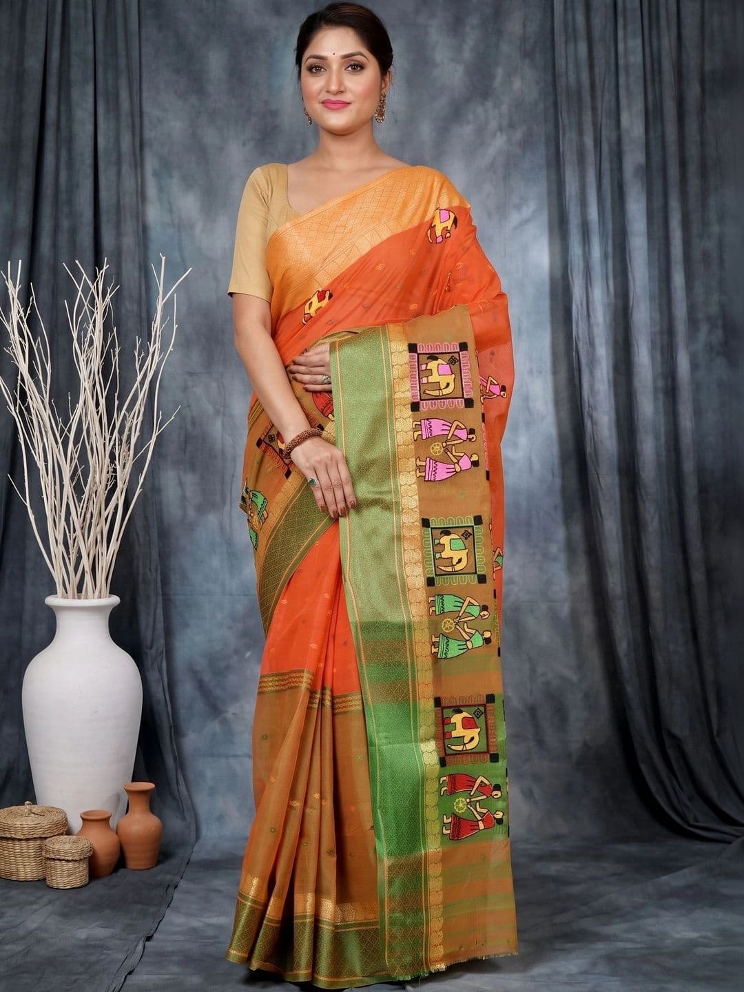 GitAsit Warli Sequinned Pure Cotton Handloom Taant Saree thumbnail 7