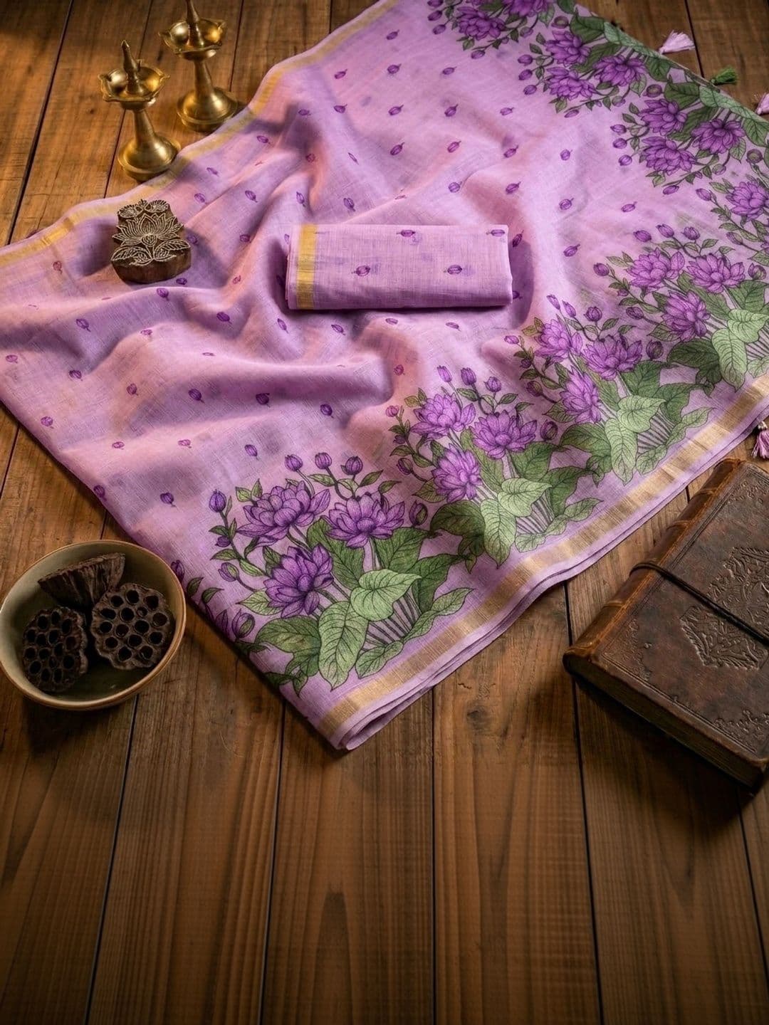 PMD Fashion Floral Pure Linen Handloom Saree thumbnail 3