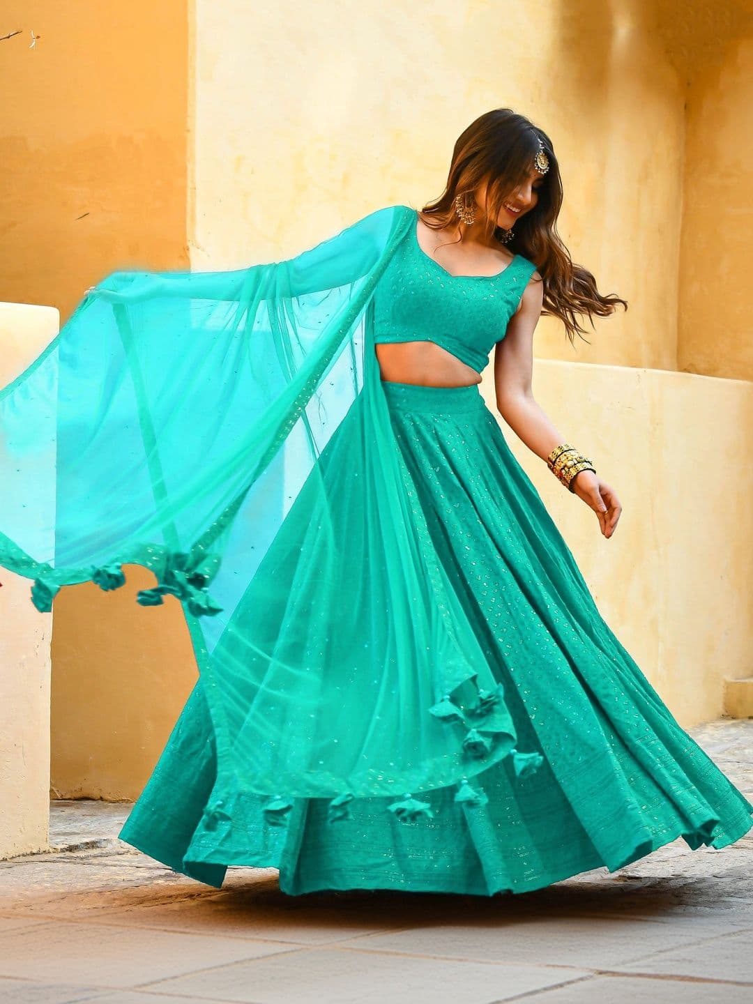 ETHNIC PLUS Embellished Sequinned Semi-Stitched Lehenga & Unstitched Blouse With Dupatta thumbnail 4