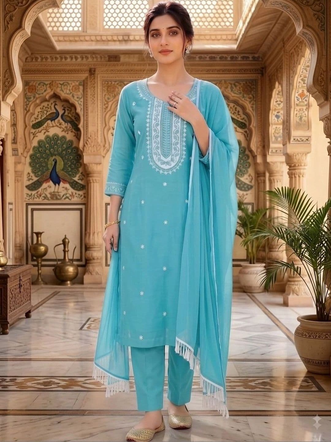 RADHEY KRISHNA CREATION Women Ethnic Motifs Embroidered Regular Thread Work Kurta with Trousers & With thumbnail 3