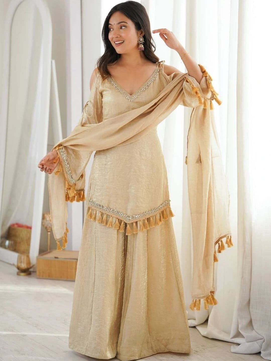 VASTRABELLA Women Regular Gotta Patti Pure Silk Kurta with Sharara & With Dupatta thumbnail 5