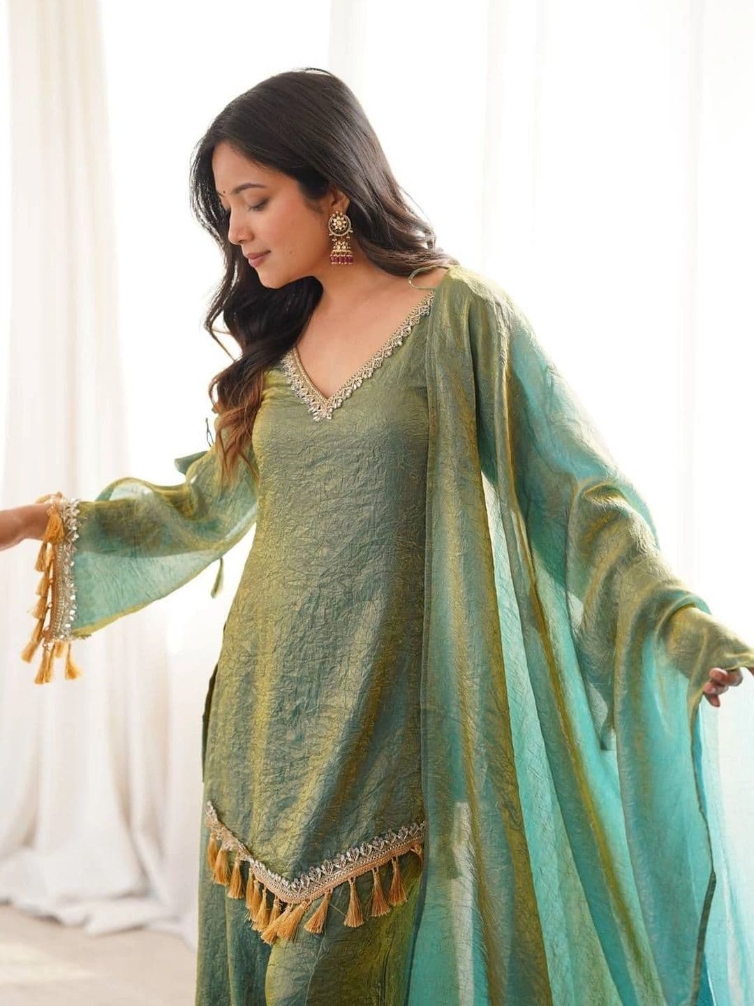 VASTRABELLA Women Regular Gotta Patti Pure Silk Kurta with Sharara & With Dupatta thumbnail 2