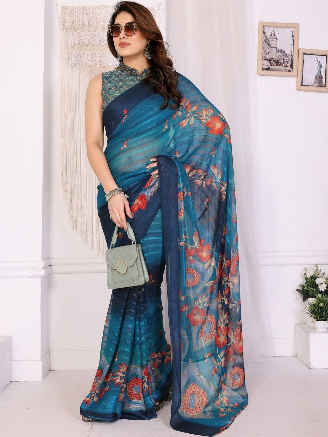 Owee Floral Pure Chiffon Designer Saree thumbnail 4