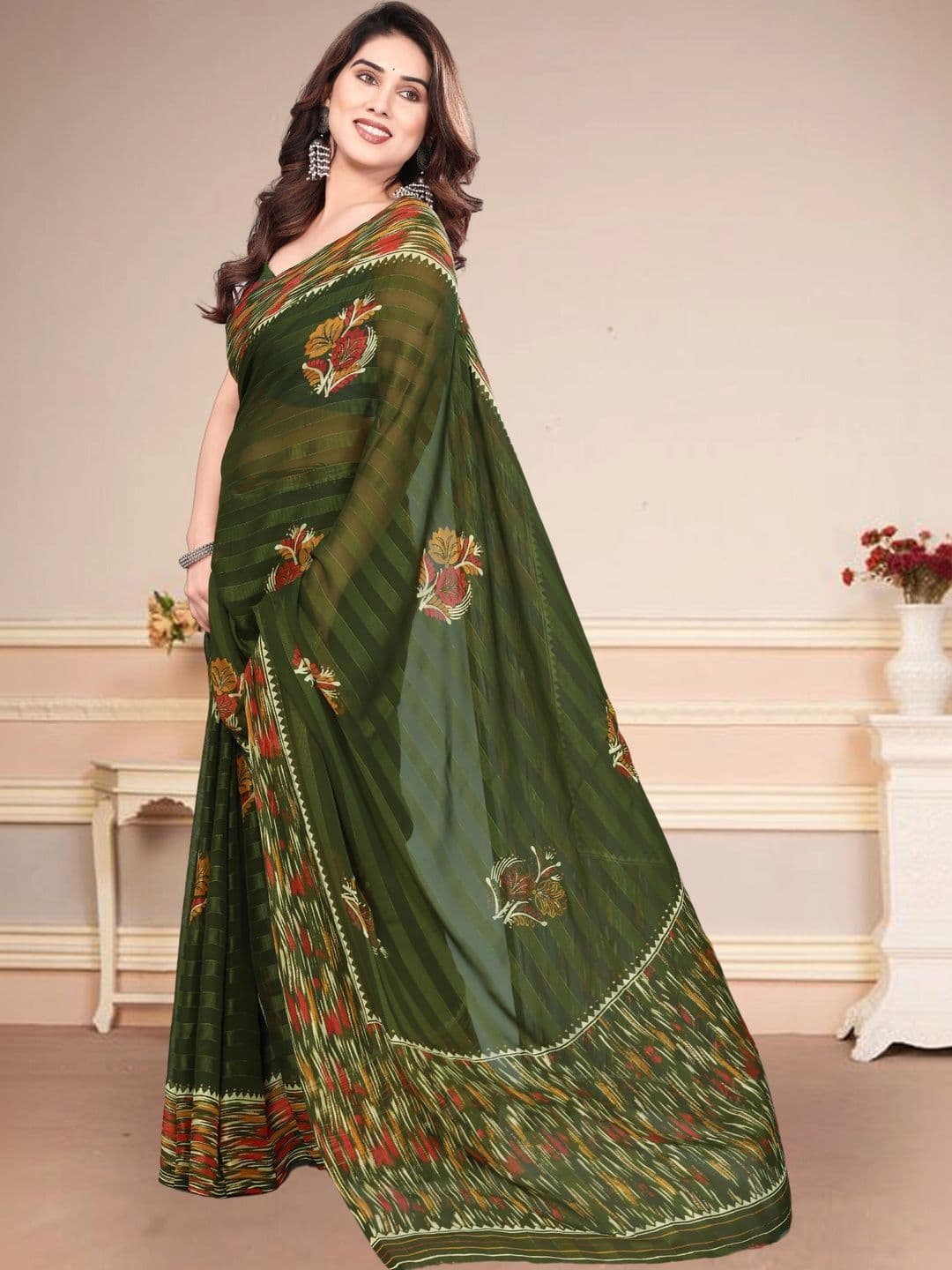 Owee Women Floral Printed Zari Pure Chiffon Designer Saree thumbnail 3