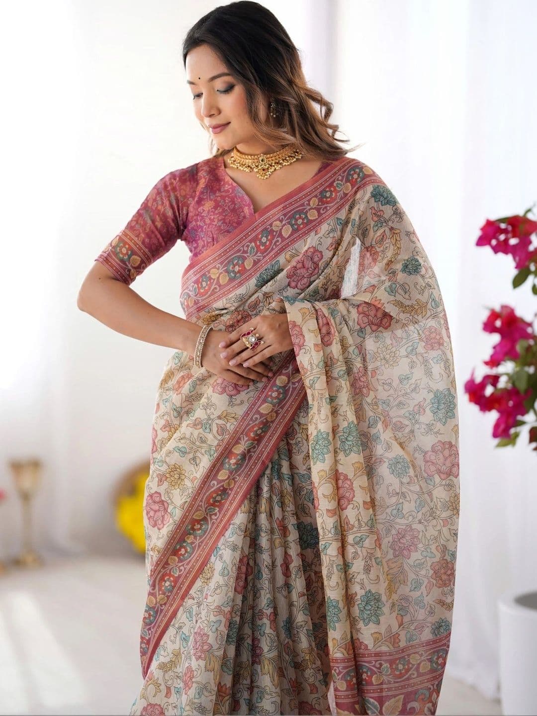 HOUSE OF PRANSHI Floral Linen Blend Jamdani Saree thumbnail 4