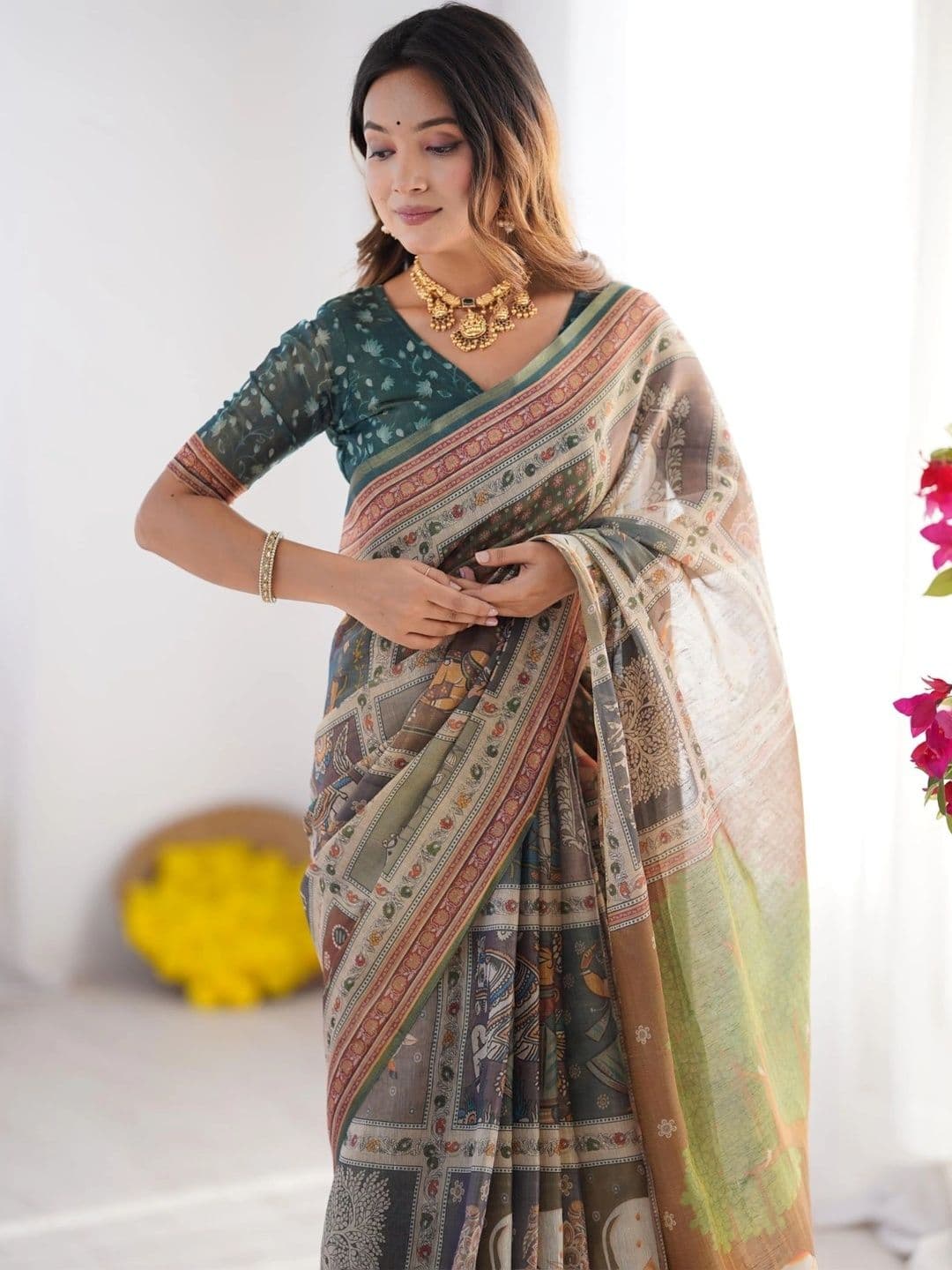 HOUSE OF PRANSHI Floral Linen Blend Jamdani Saree - view 1