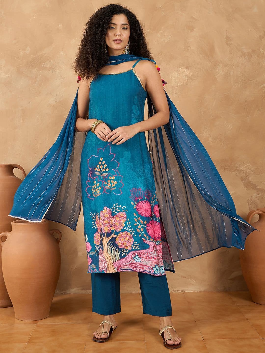 Varanga Women Spaghetti Tie up Strap Straight Floral Kurta with Trousers and Dupatta thumbnail 3