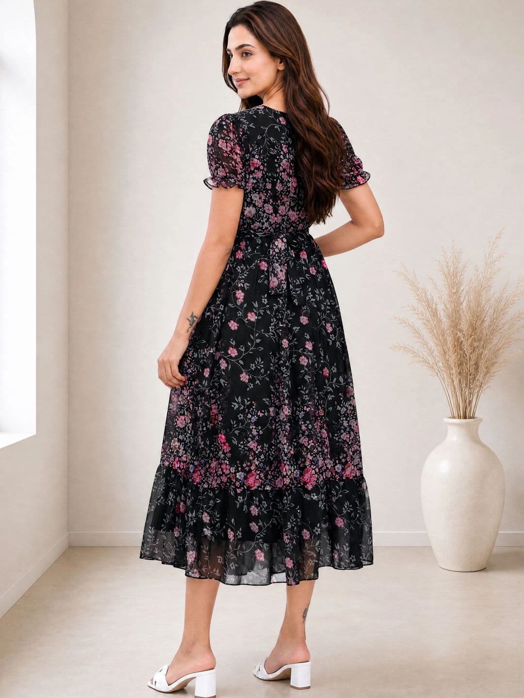 QENA Floral Print Puff Sleeve Georgette A-Line Midi Dress thumbnail 4