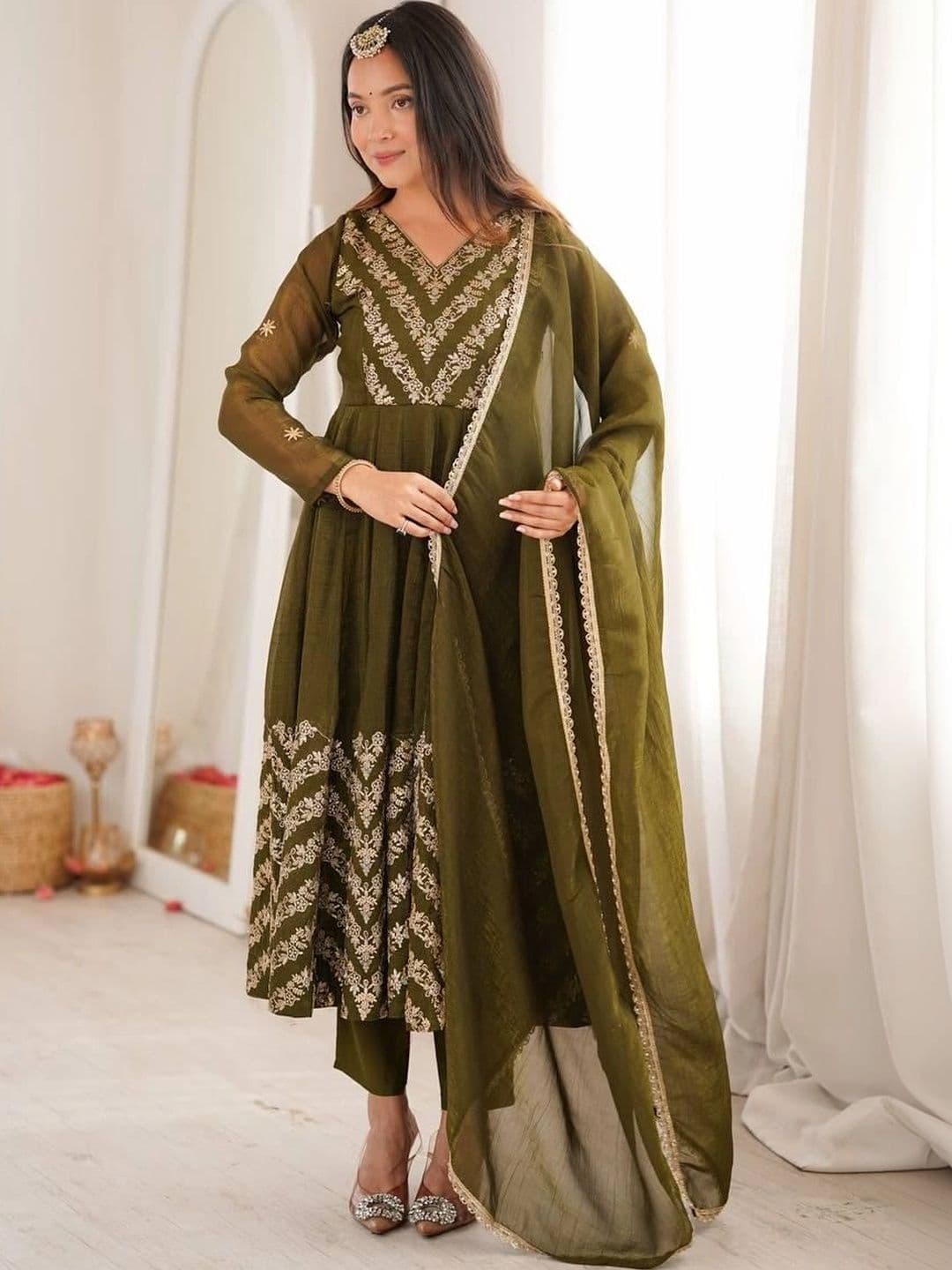 VASTRABELLA Women Ethnic Motifs Embroidered Tiered Thread Work Pure Silk Kurta with Trousers & With Dupatta - view 1