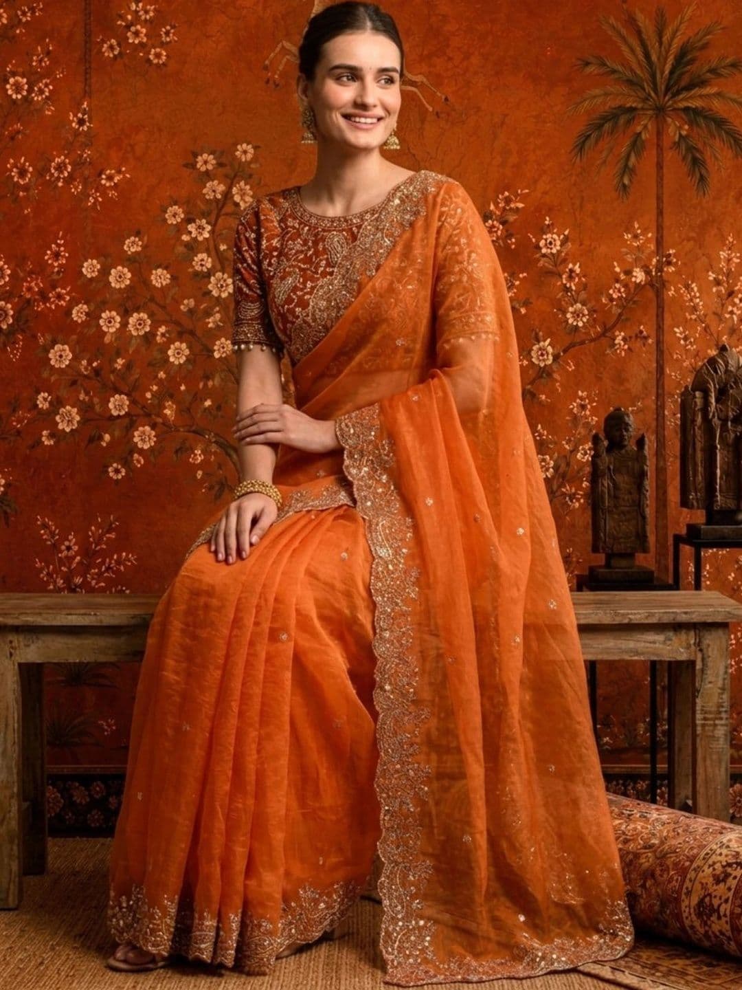 Sangria Embellished Embroidered Satin Saree thumbnail 5