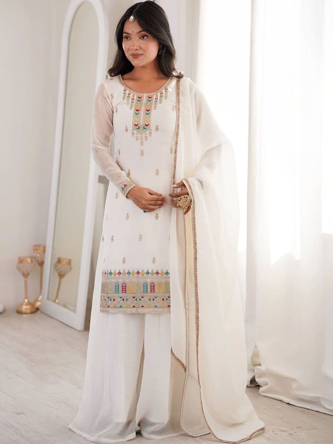 VASTRABELLA Women Ethnic Motifs Embroidered Regular Thread Work Kurta with Palazzos & With Dupatta thumbnail 7