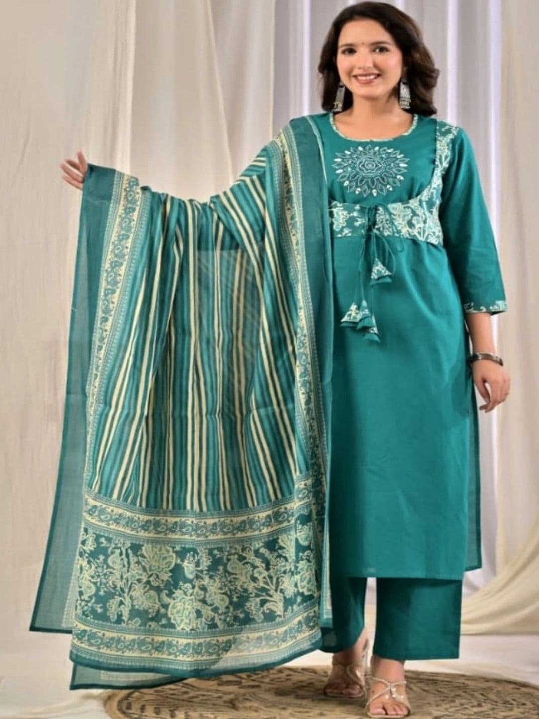 HERE&NOW Women Ethnic Motifs Embroidered Regular Thread Work Pure Cotton Kurta with Trousers & With Dupatta - view 1