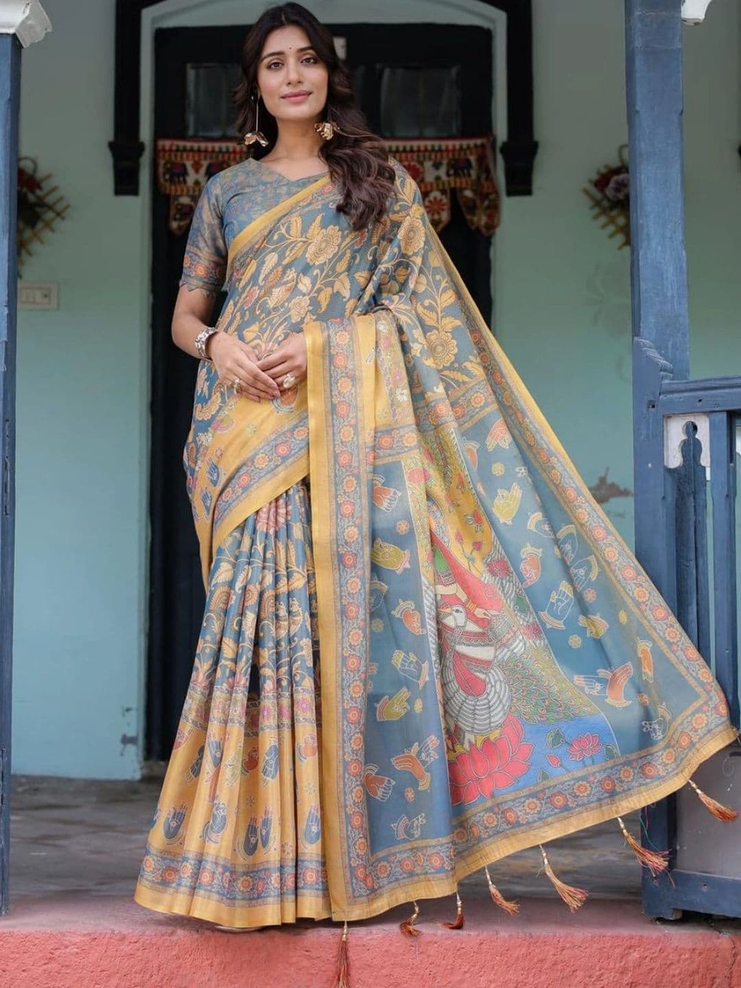 HOUSE OF PRANSHI Kalamkari Linen Blend Jamdani Saree - view 1