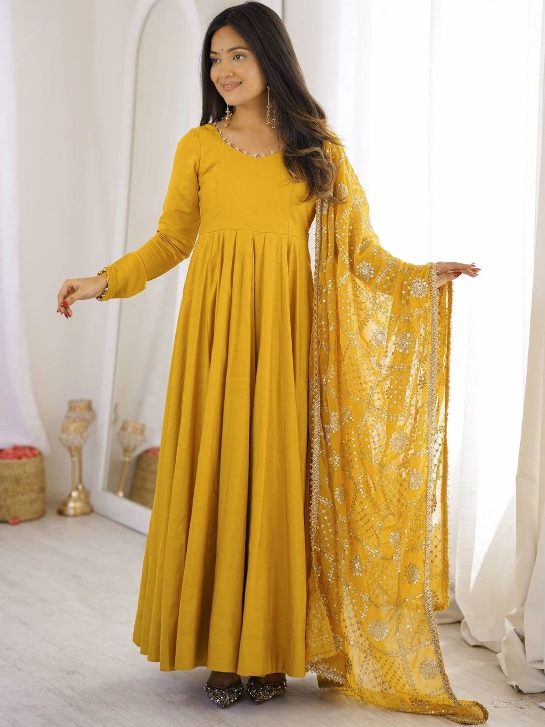 VASTRABELLA Women Empire Chanderi Silk Kurta with Trousers & With Dupatta - view 1