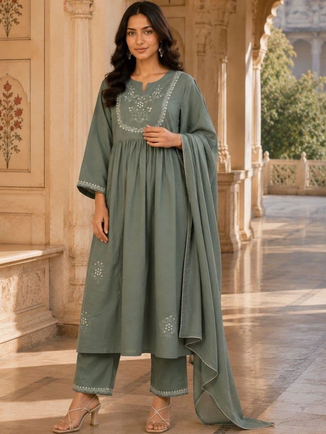 HERE&NOW Women Ethnic Motifs Embroidered Empire Thread Work Pure Cotton Kurta with Trousers & With Dupatta thumbnail 7