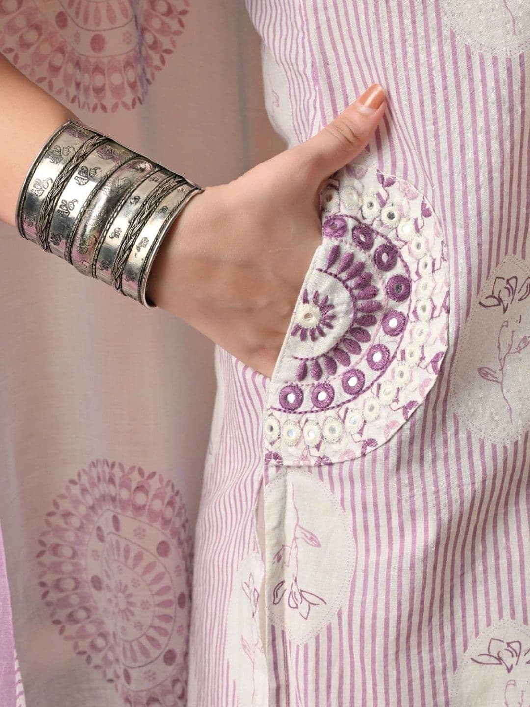 Encourage Women Ethnic Motifs Printed Regular Mirror Work Pure Cotton Kurta with Trousers & With Dupatta thumbnail 5