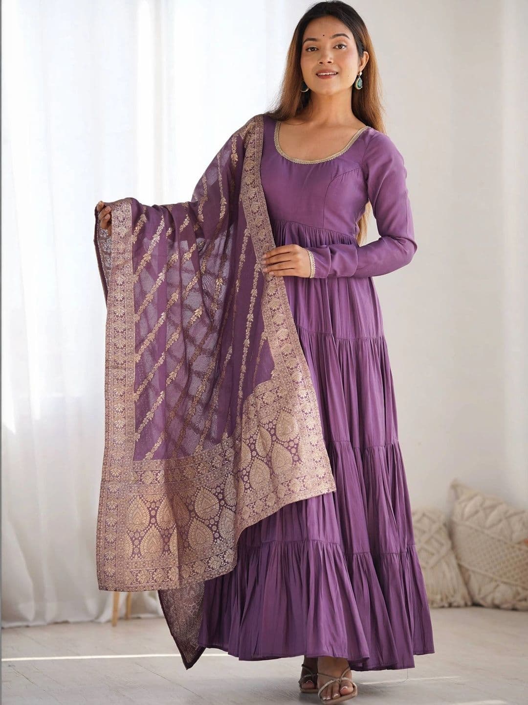 VASTRABELLA Women Tiered Chanderi Silk Kurta with Trousers & With Dupatta - view 1