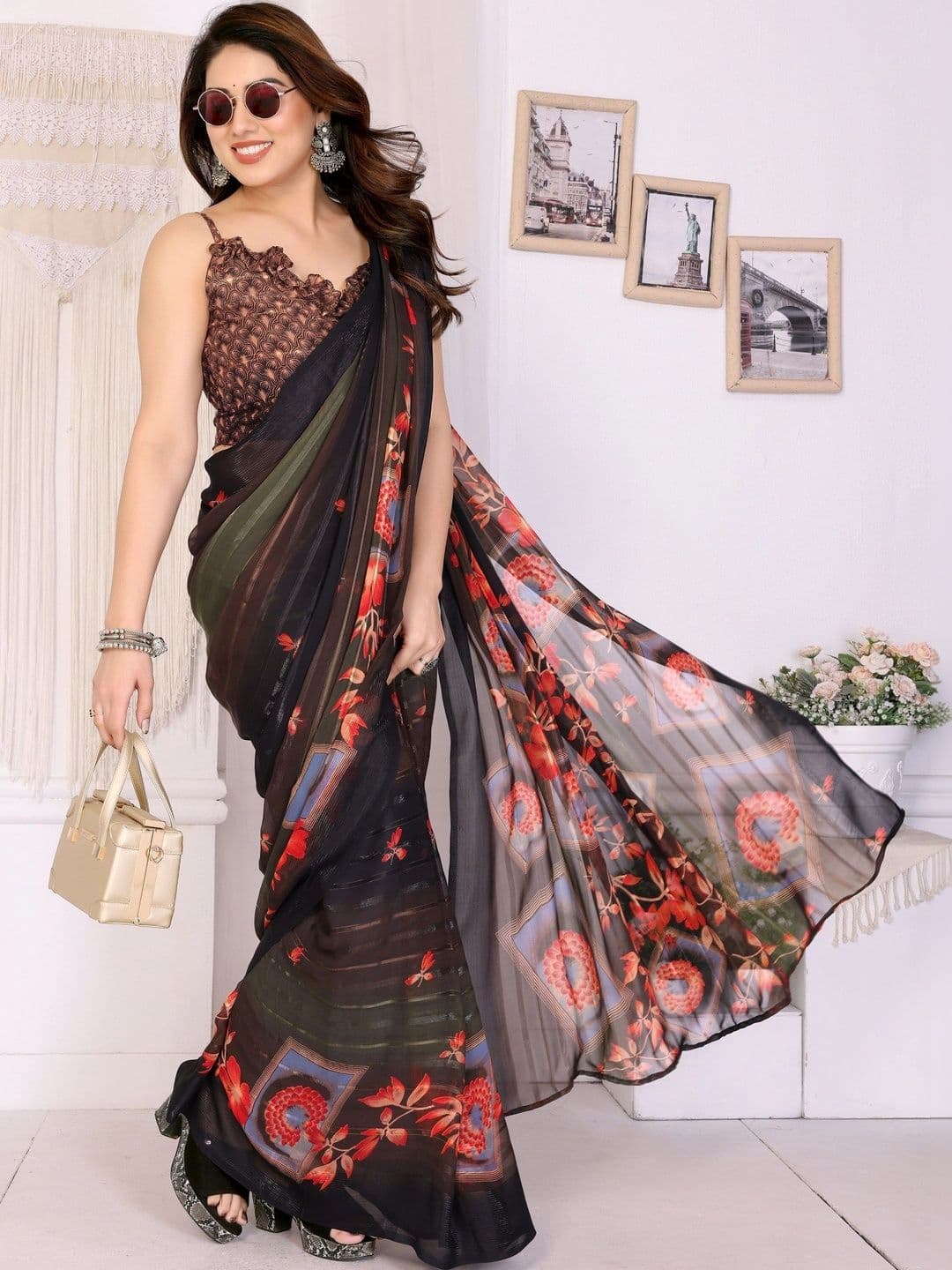 Owee Floral Pure Chiffon Designer Saree thumbnail 5