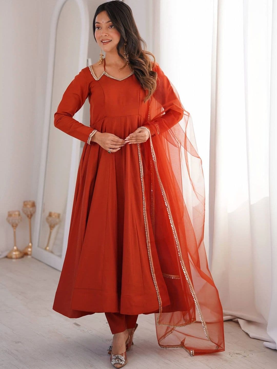 VASTRABELLA Women Regular Gotta Patti Chanderi Silk Kurta with Trousers & With Dupatta - view 1