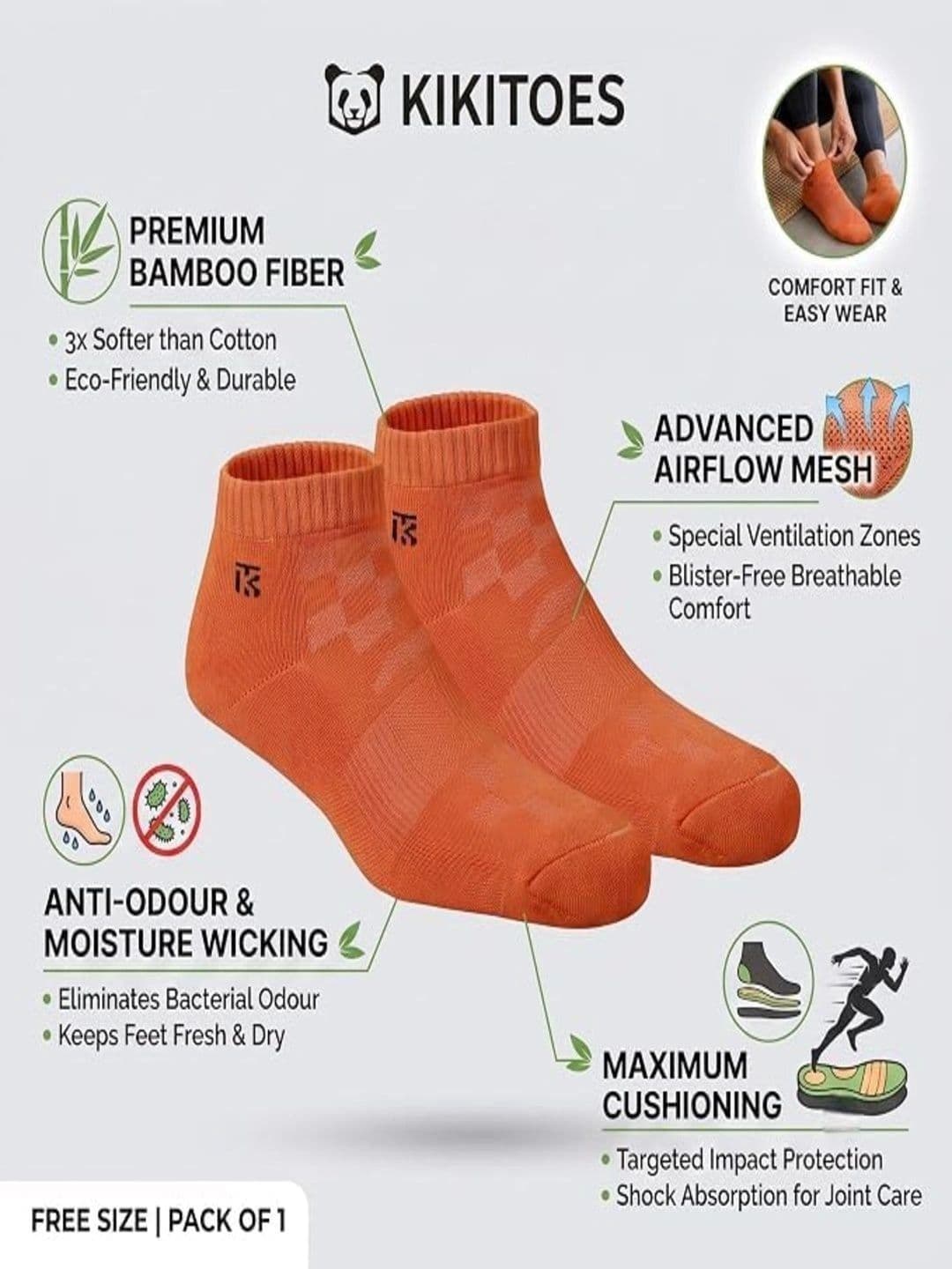 Kikitoes Men Pack of 3 Orange Bamboo Ankle Socks thumbnail 6