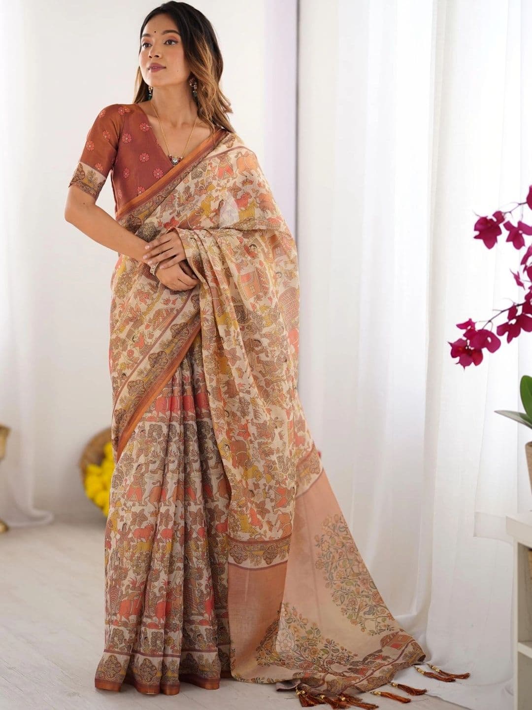 HOUSE OF PRANSHI Kalamkari Linen Blend Jamdani Saree - view 1