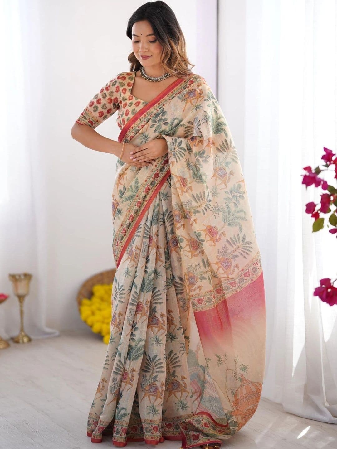 HOUSE OF PRANSHI Floral Linen Blend Jamdani Saree - view 1