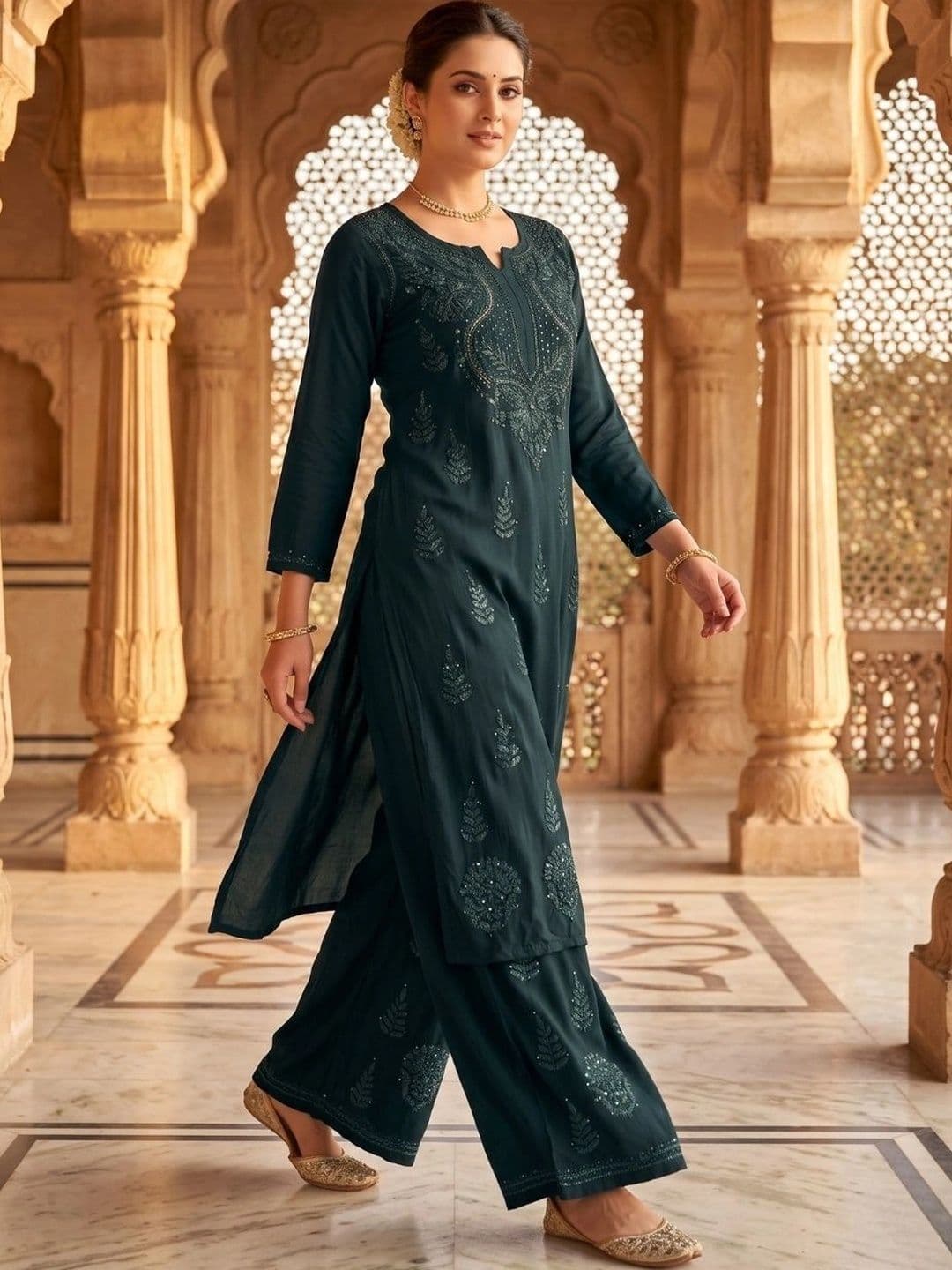 Fashion Chikan Art Women Ethnic Motifs Embroidered Regular Thread Work Kurta with Palazzos thumbnail 4