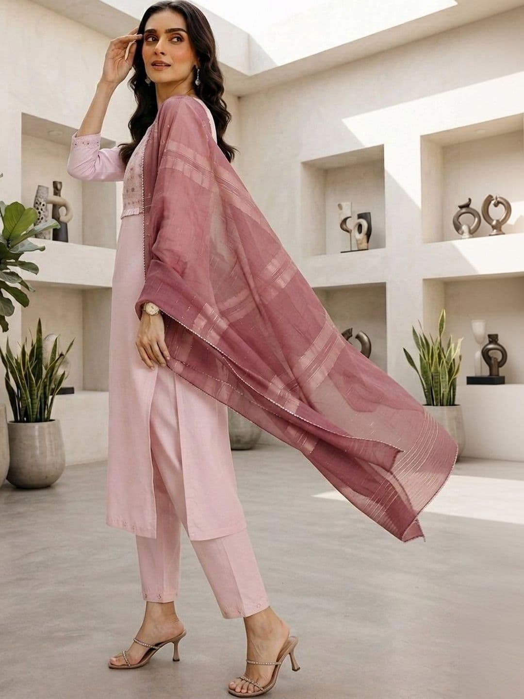 RAJGRANTH Women Ethnic Motifs Embroidered Regular Thread Work Chanderi Cotton Kurta with Trousers & With thumbnail 4