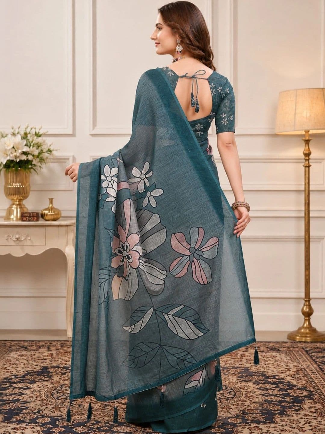 V3 FASHION STUDIO Floral Zari Linen Blend Designer Block Print Saree thumbnail 4