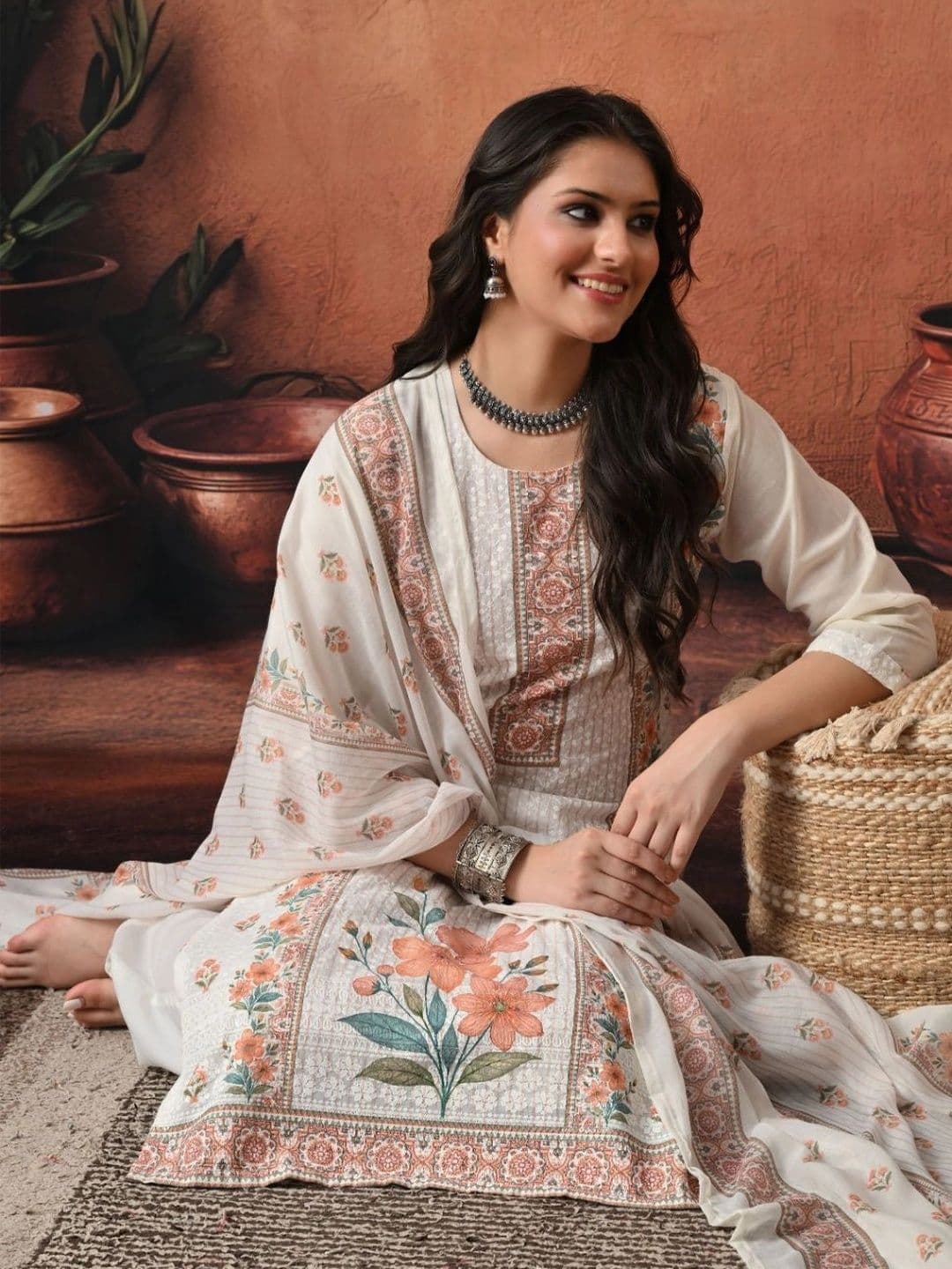 Encourage Women Floral Embroidered Thread Work Pure Cotton Kurta with Palazzos & Dupatta thumbnail 6