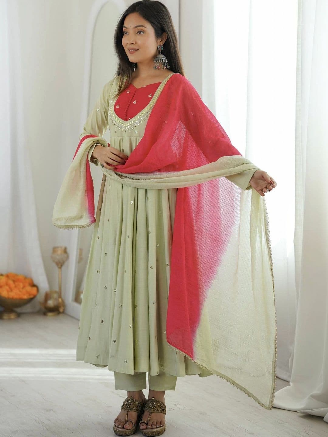 VASTRABELLA Women Embroidered Empire Mirror Work Kurta with Trousers & With Dupatta thumbnail 7
