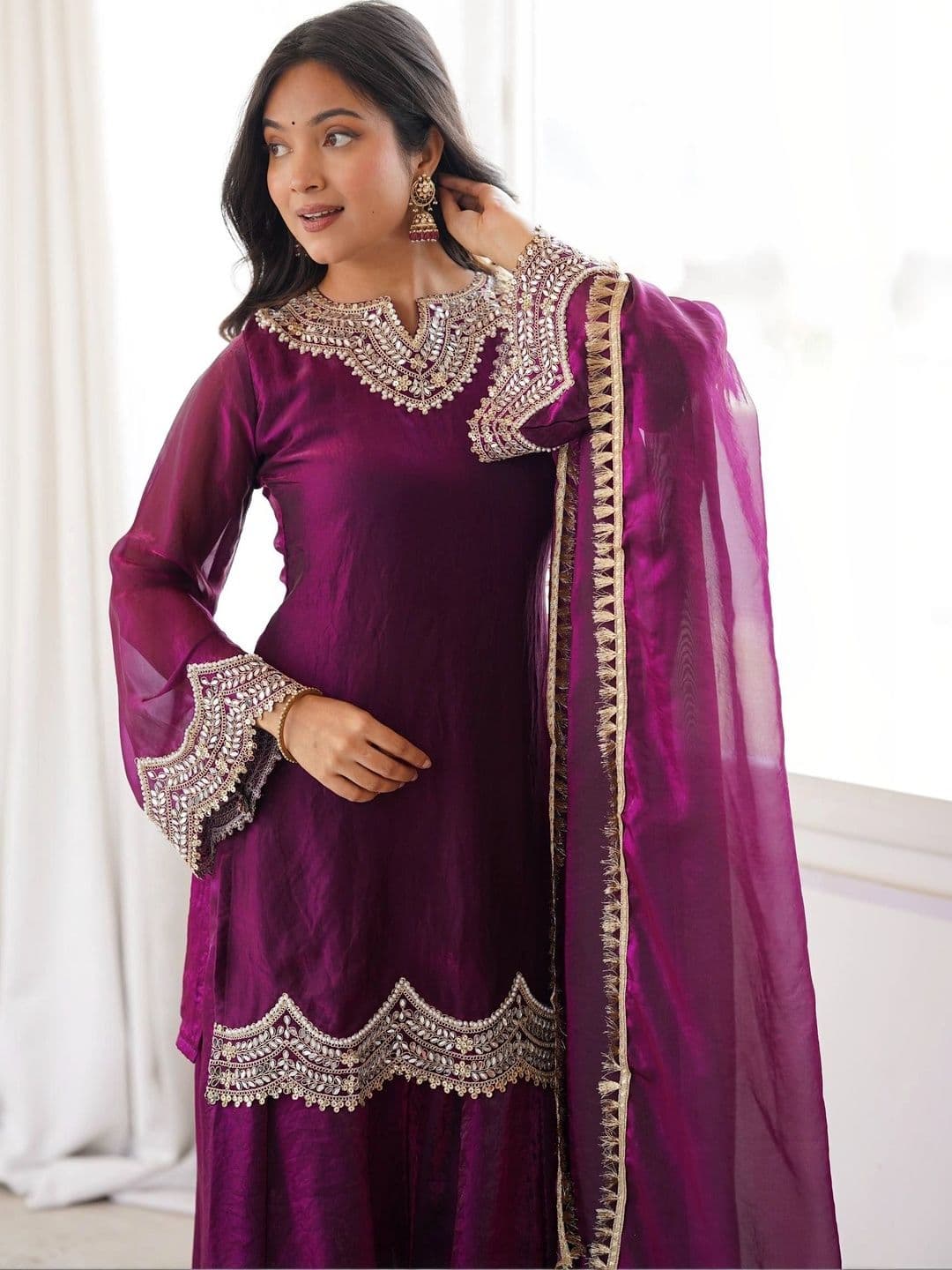 VASTRABELLA Women Ethnic Motifs Embroidered Regular Pure Silk Kurta with Sharara & With Dupatta thumbnail 3