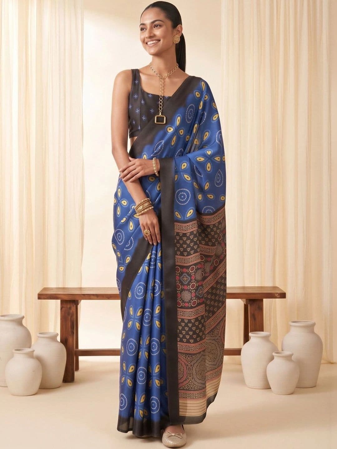 Saree mall women Bagh Satin Designer Block Print Sarees thumbnail 7