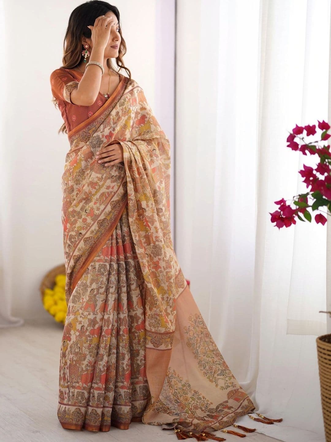HOUSE OF PRANSHI Kalamkari Linen Blend Jamdani Saree thumbnail 3