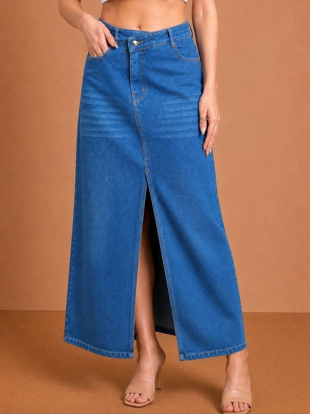Mast & Harbour Women Denim Front Slit Maxi A-Line Skirt thumbnail 3