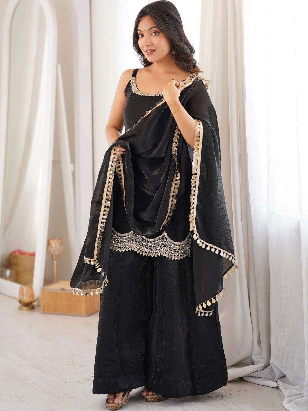 VASTRABELLA Women Ethnic Motifs Regular Gotta Patti Pure Silk Kurta with Sharara & With Dupatta thumbnail 6