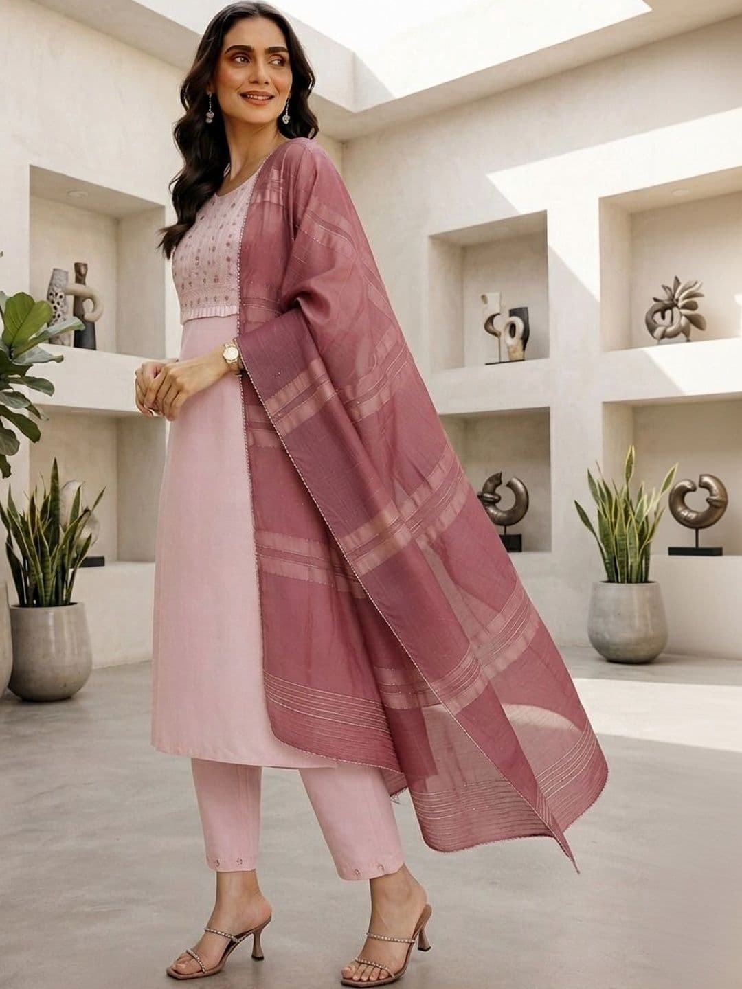 Mitera Women Ethnic Motifs Embroidered Regular Thread Work Chanderi Cotton Kurta with Trousers & With Dupatta thumbnail 6