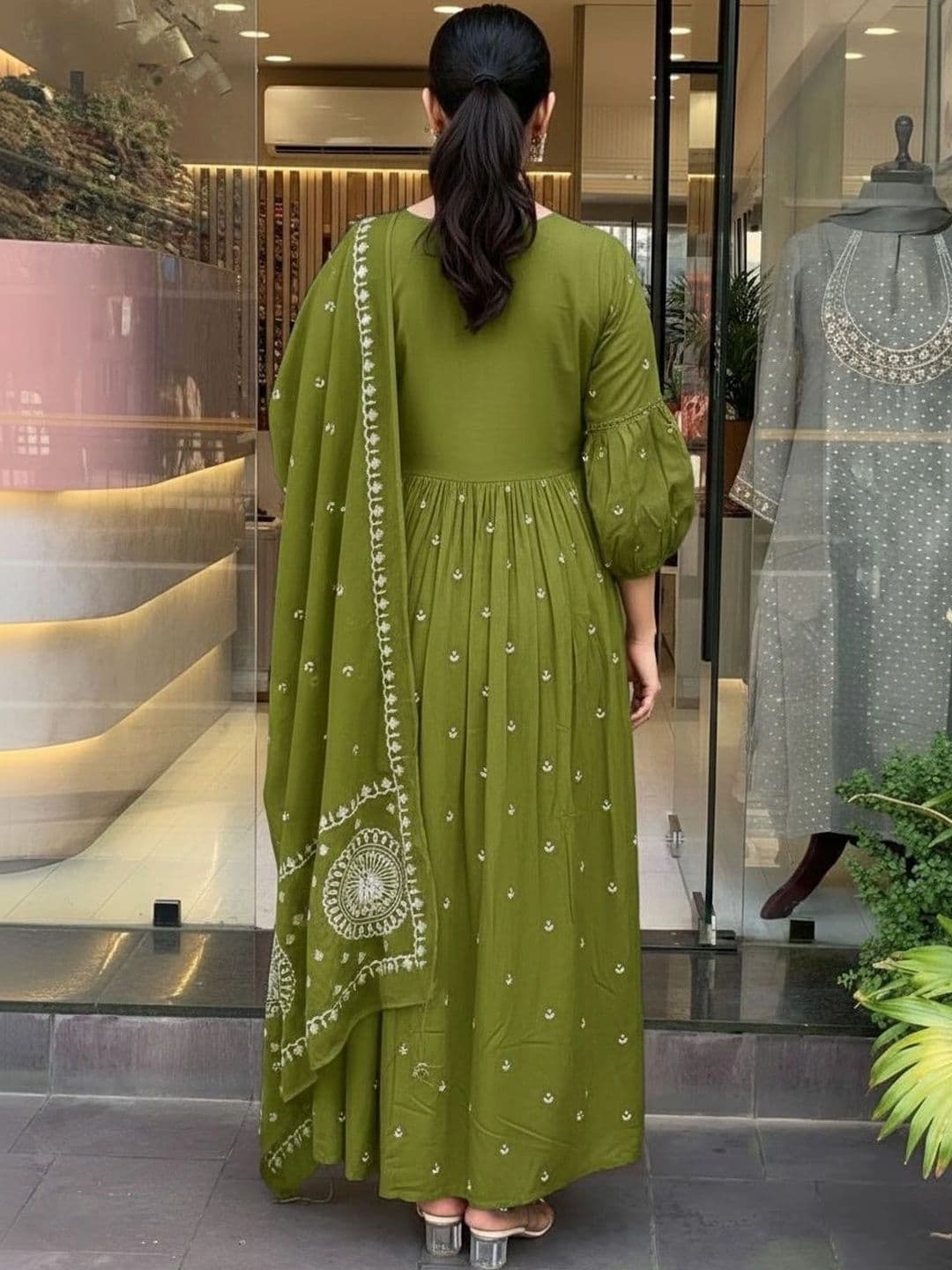 FIC FUSION CULTURE Women Ethnic Motifs Embroidered Pleated Thread Work Kurta With Dupatta thumbnail 5