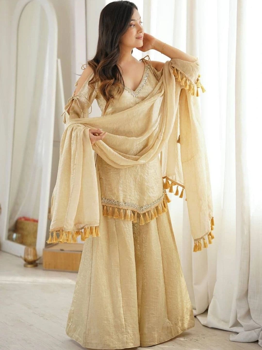 VASTRABELLA Women Regular Gotta Patti Pure Silk Kurta with Sharara & With Dupatta thumbnail 4