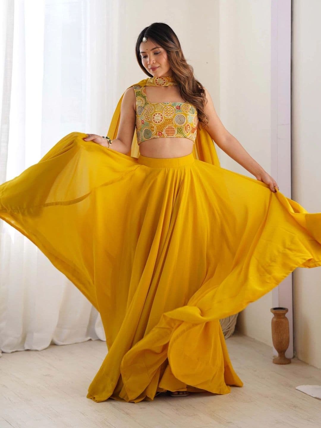 PALMIRA Embroidered Thread Work Ready to Wear Lehenga & Blouse With Dupatta - view 1