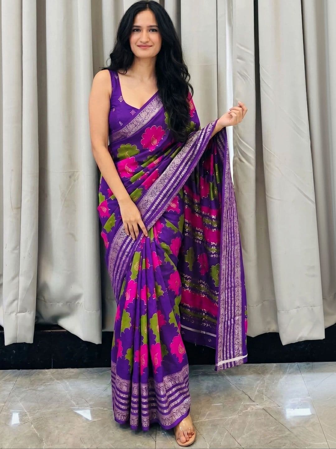 Owee Floral Zari Silk Blend Designer Saree - view 1
