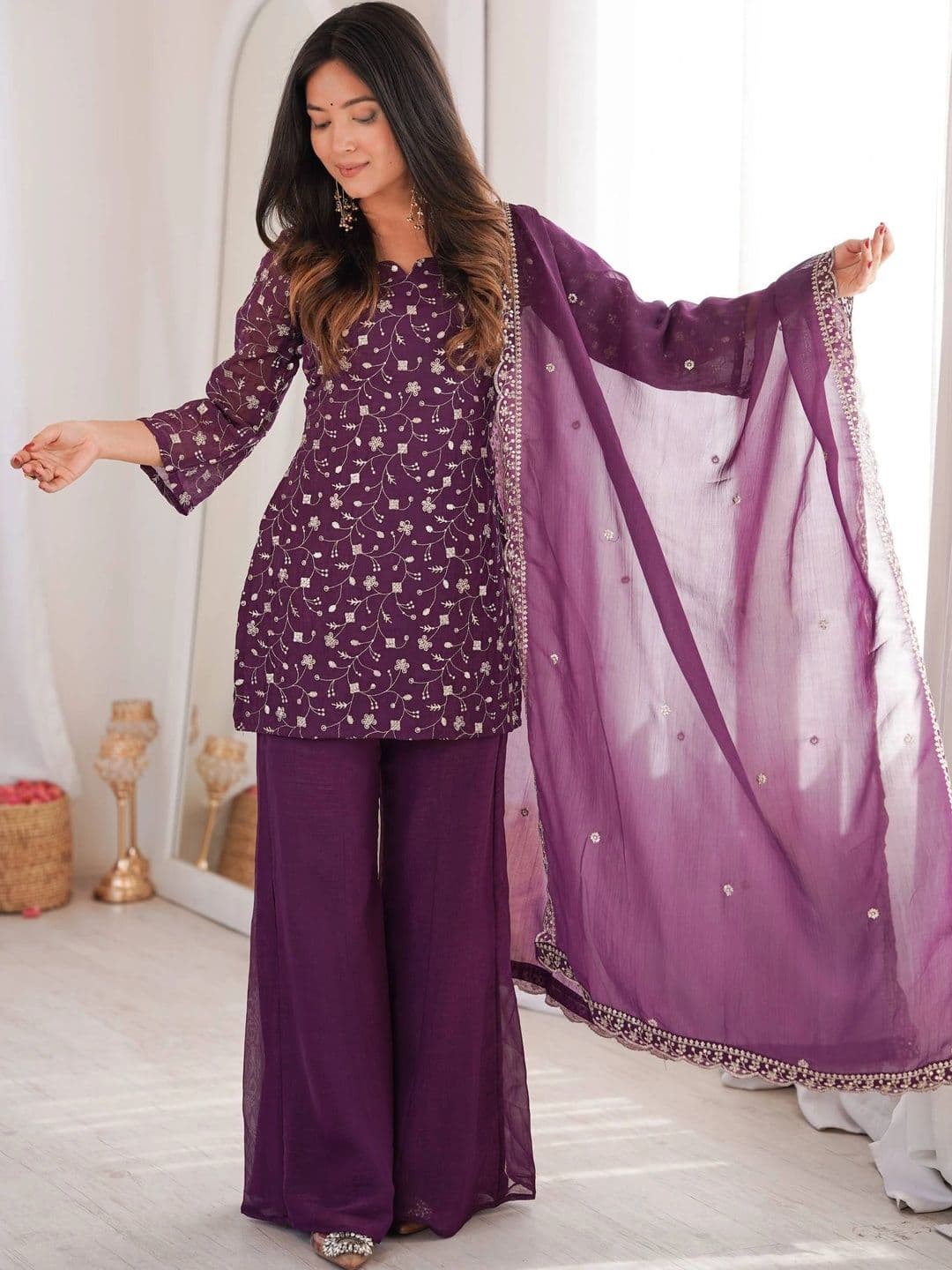 VASTRABELLA Women Ethnic Motifs Embroidered Regular Thread Work Kurta with Palazzos & With Dupatta thumbnail 4